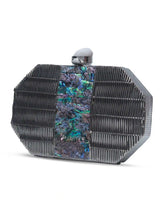 Silver mother of pearl clutch bag by The Tan Clan with a sleek, elegant design and subtle shimmer.