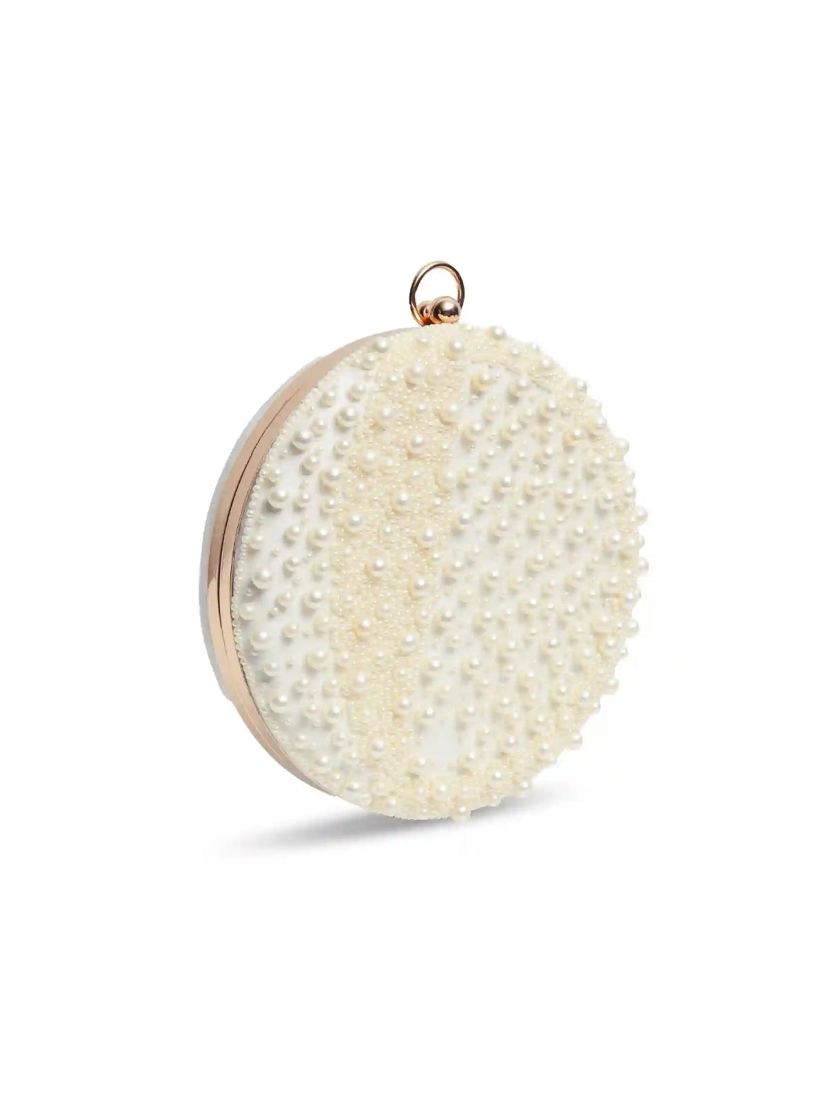 White pearl hand-embroidered clutch by The Tan Clan with intricate detailing and elegant design, perfect for special occasions.