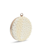 White pearl hand-embroidered clutch by The Tan Clan with intricate detailing and elegant design, perfect for special occasions.