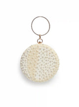 White pearl hand-embroidered clutch by The Tan Clan with intricate detailing and elegant design.