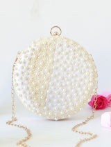 White pearl embroidered clutch bag with intricate hand embroidery by The Tan Clan, elegant and stylish for special occasions.