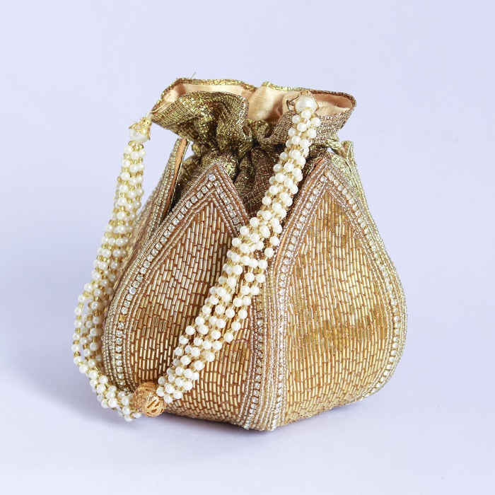 Hand-embroidered Mulya Mini Lotus Potli bag by The Tan Clan, featuring intricate embroidery and a compact design.