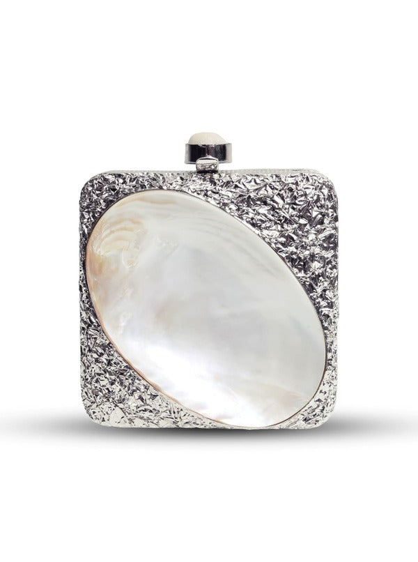 Mumtaz mother of pearl clutch by The Tan Clan, featuring a shimmering pearl finish and elegant compact design.