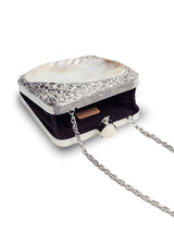 Mumtaz Mother of Pearl Clutch by The Tan Clan featuring iridescent pearl detailing and sleek, elegant design.
