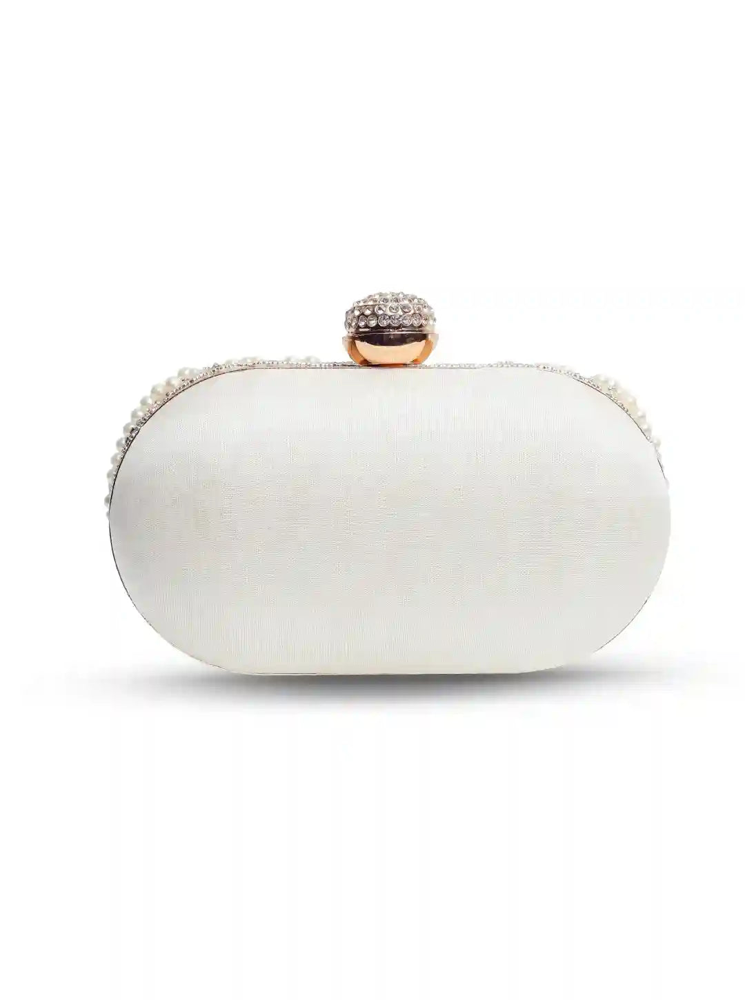 Silver Rabia hand-embroidered pearl clutch by The Tan Clan, featuring intricate embroidery and elegant design.