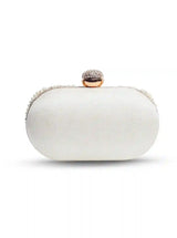 Silver Rabia hand-embroidered pearl clutch by The Tan Clan, featuring intricate embroidery and elegant design.