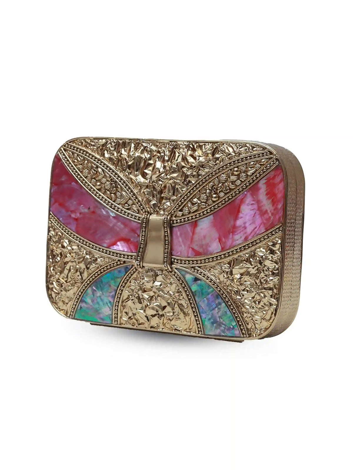 Naina Mother of Pearl Clutch by The Tan Clan featuring iridescent pearl design and elegant rectangular shape.