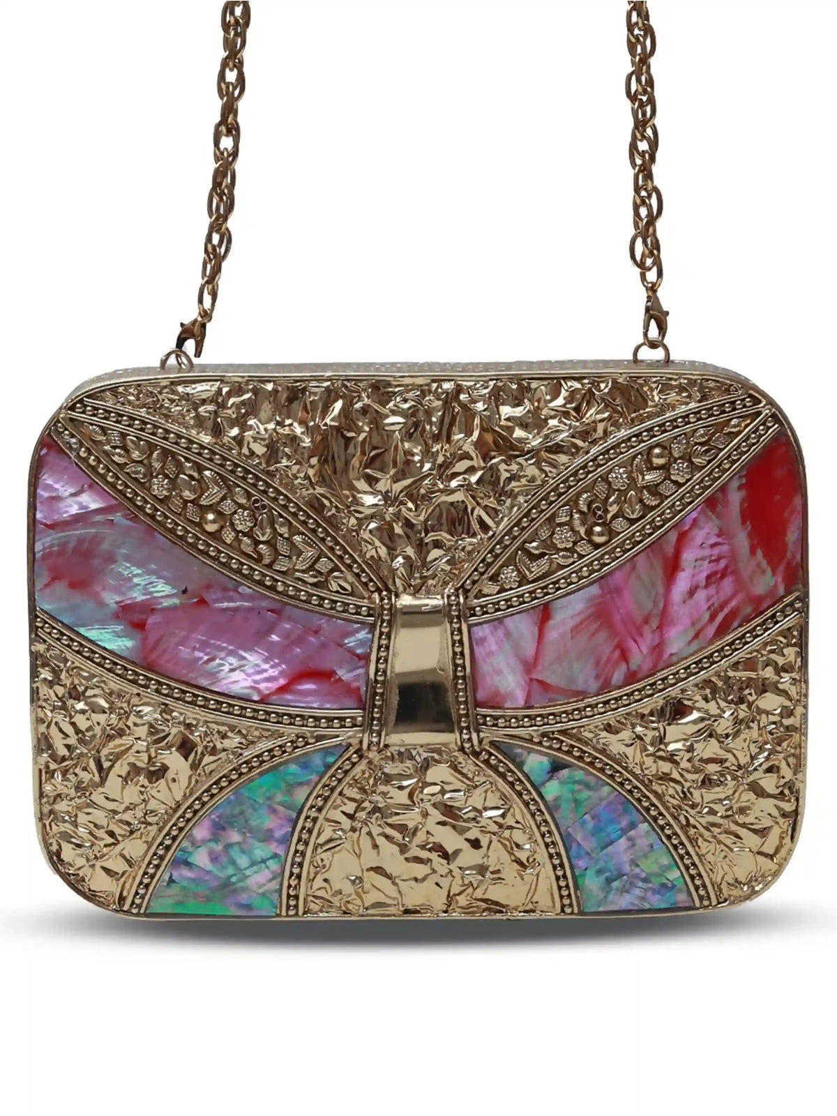 Naina Mother of Pearl Clutch by The Tan Clan featuring a shimmering pearl exterior and elegant design.
