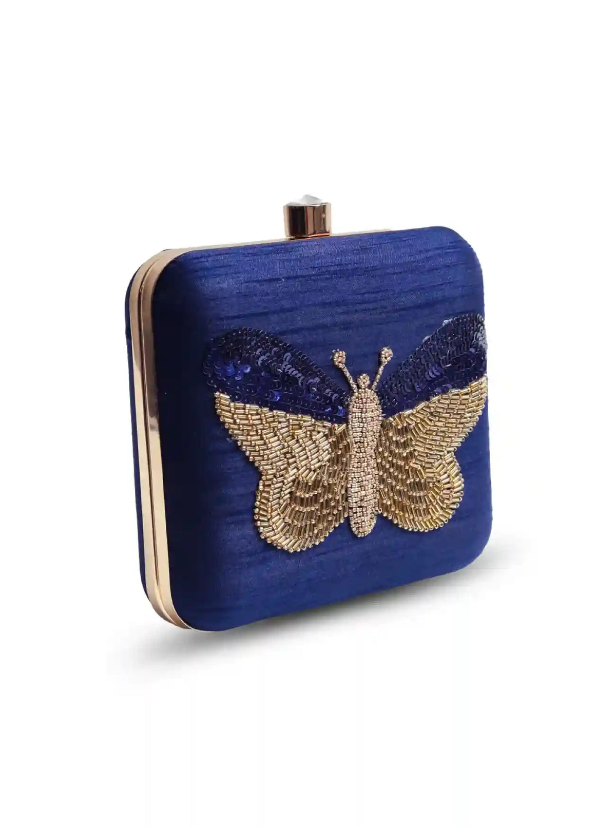 Hand-embroidered Nigah Square Butterfly Clutch by The Tan Clan showcasing detailed butterfly design and vibrant textile craftsmanship.