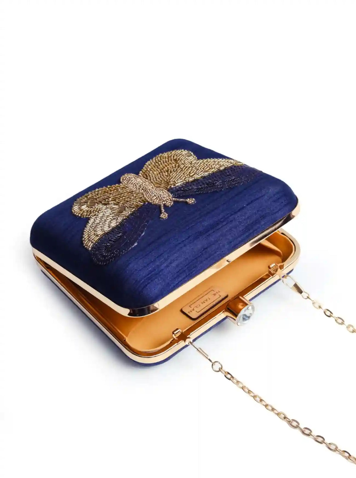Nigah square hand-embroidered butterfly clutch by The Tan Clan, featuring intricate embroidery and a stylish design.