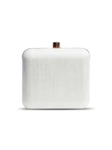 White square clutch by The Tan Clan with hand-embroidered butterfly design, featuring intricate embroidery and elegant style.