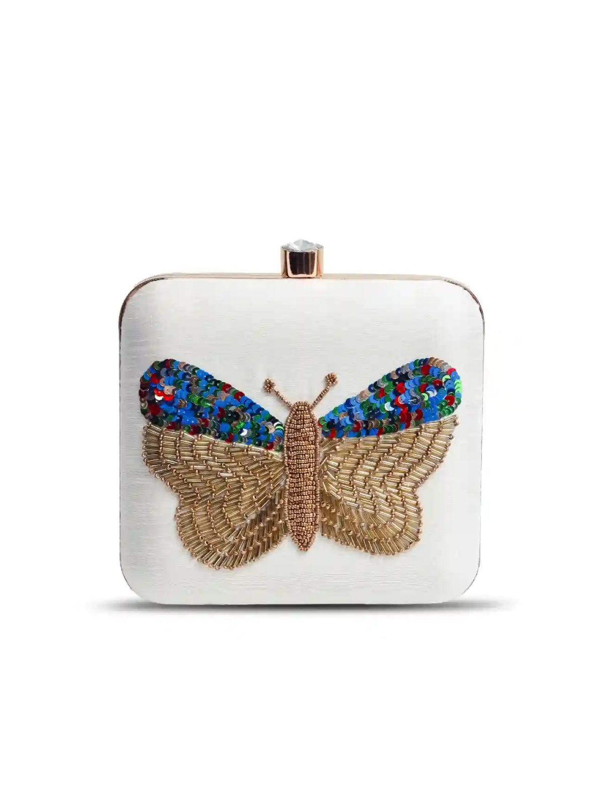 White square hand-embroidered butterfly clutch by The Tan Clan with intricate embroidery and elegant design.