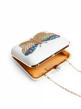 White square embroidered butterfly clutch by The Tan Clan with intricate hand embroidery and elegant design.