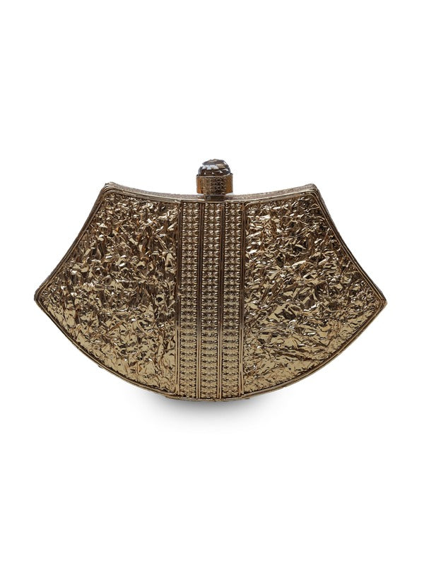 Intricate brass clutch by The Tan Clan with detailed embellishments and traditional design, perfect for elegant occasions.