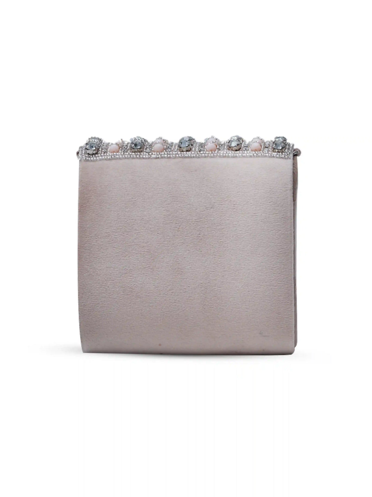 Nysa beige mini bag by The Tan Clan featuring an embroidered handle and compact design for stylish carrying.