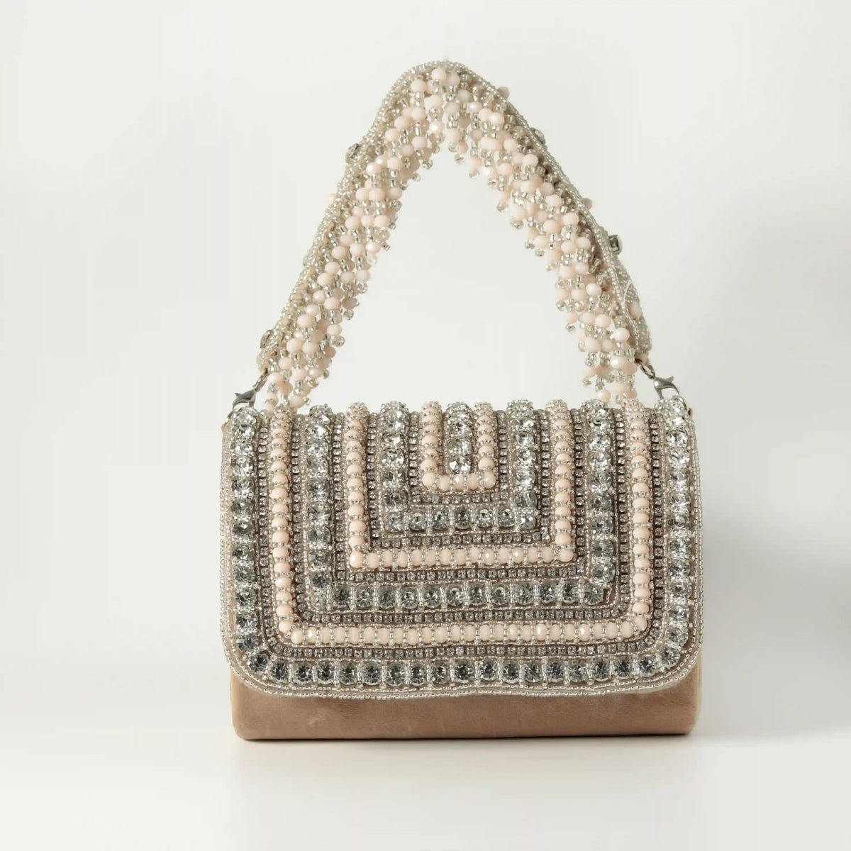 Nysa Embellished Flap Over Clutch Bag by The Tan Clan featuring decorative embellishments and a sleek flap closure.