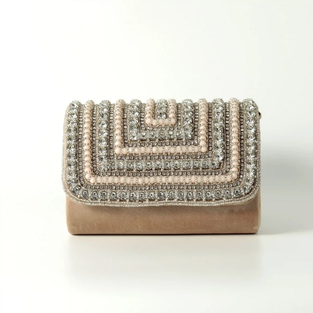 Nysa embellished flap-over clutch bag by The Tan Clan featuring sparkling details and a sleek design for elegant occasions.