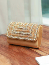 Gold embellished flap-over clutch bag with elegant design and compact size, perfect for evening and special occasions.