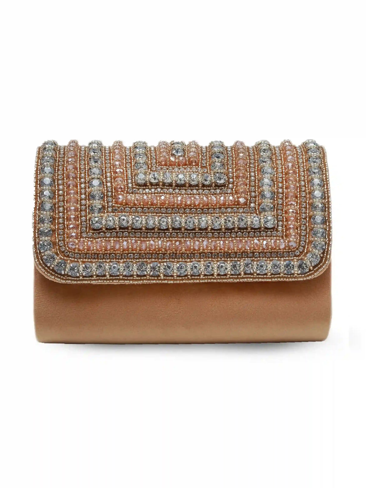 Nysa Gold Embellished Flap Over Clutch Bag by The Tan Clan with gold accents and elegant design on a black background.