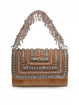 Nysa Gold Embellished Flap Over Clutch Bag by The Tan Clan with metallic gold accents and elegant design.