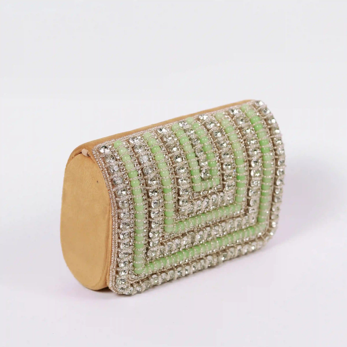 Green Nysa clutch bag by The Tan Clan with embellished flap and elegant design, perfect for evening or special occasions.