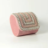 Pink Nysa mini bag with embroidered handle by The Tan Clan, featuring a stylish compact design and decorative handle embroidery.