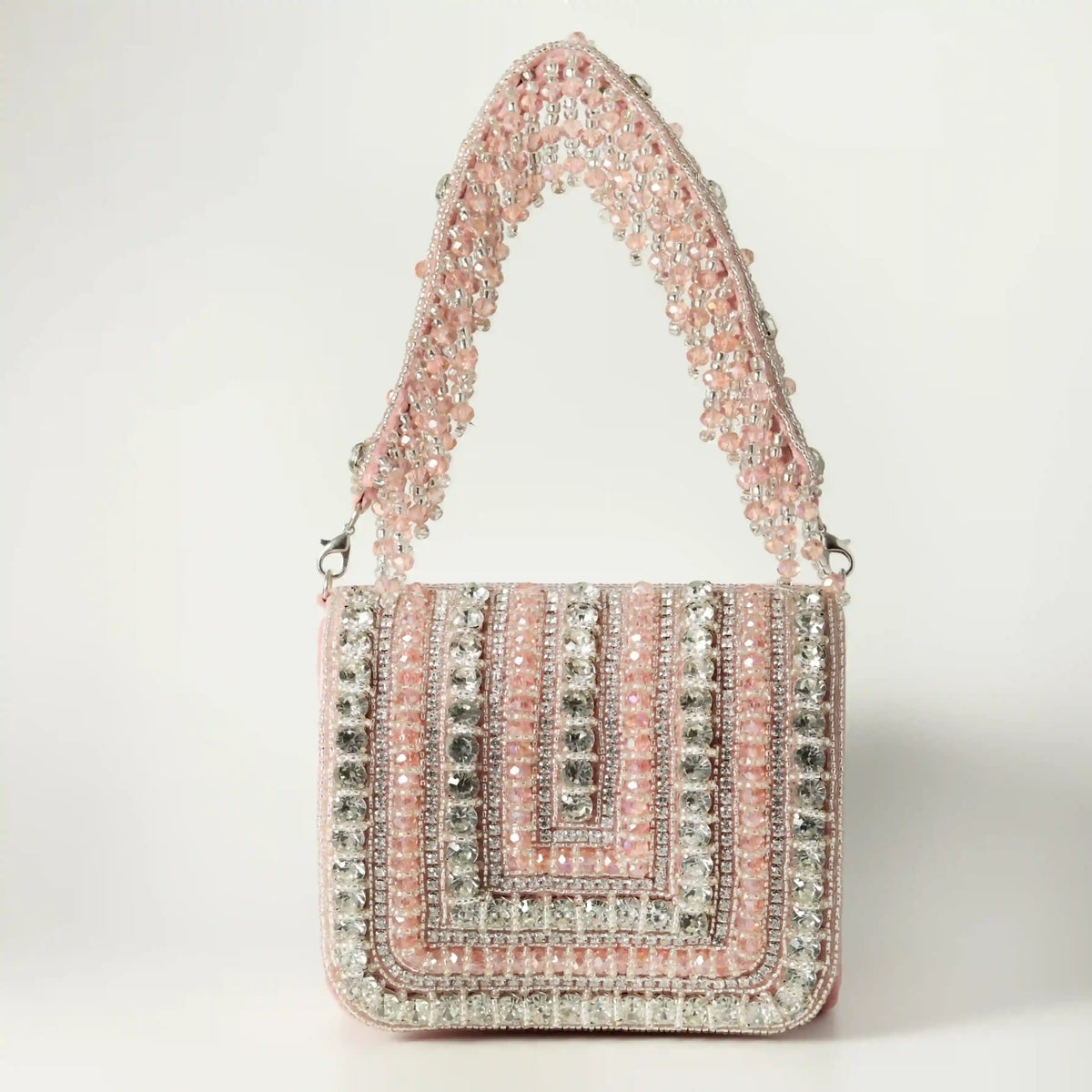 Nysa pink mini bag by The Tan Clan with embroidered handle, stylish compact purse for casual or evening use