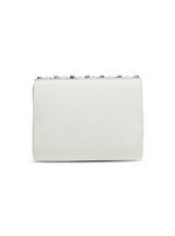 Nysa white embellished flap-over clutch bag by The Tan Clan with decorative details and a sleek, elegant design.