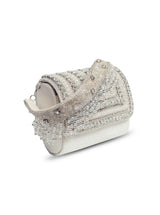 Nysa white embellished flap-over clutch bag by The Tan Clan with decorative details and elegant design for evening wear.