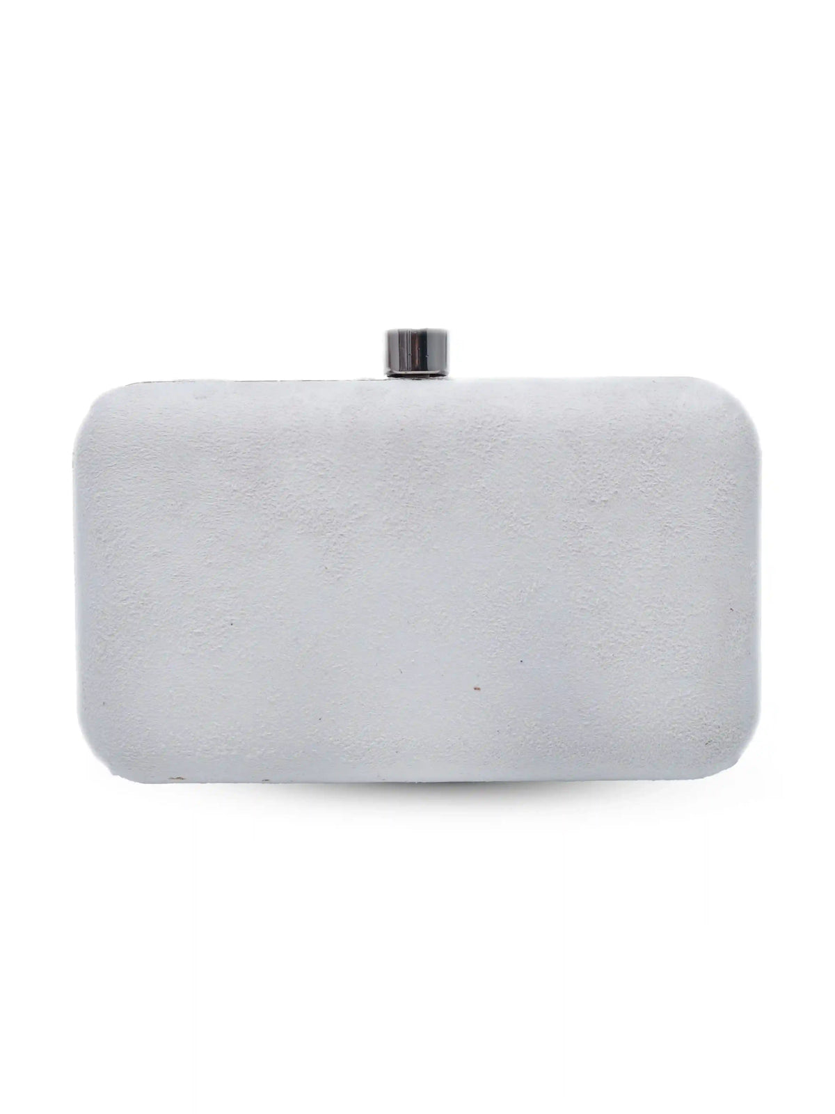 Pearly silver hand-embroidered clutch bag by The Tan Clan with intricate embroidery and a sleek, elegant design.