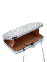 Pearly silver hand-embroidered clutch bag with intricate detailing, stylish accessory from The Tan Clan.