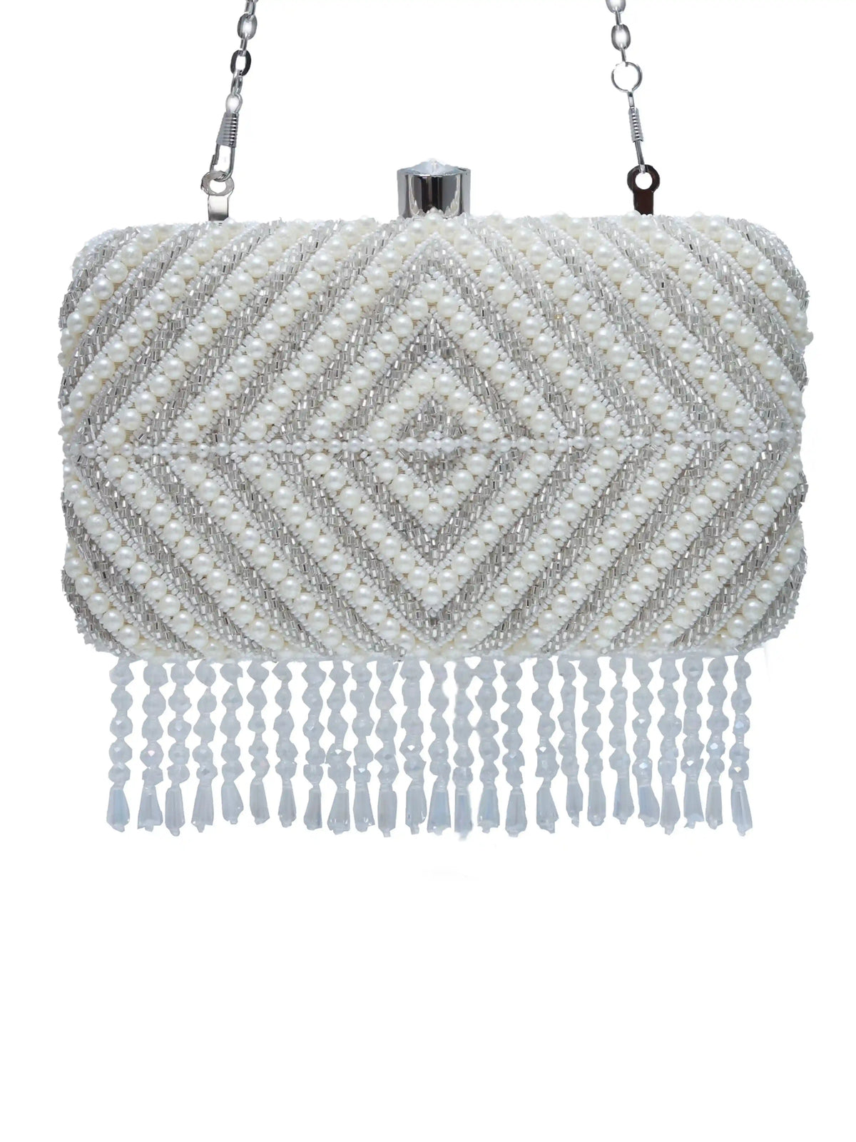 Pearly silver hand-embroidered clutch bag with intricate designs, featuring a sleek rectangular shape and elegant craftsmanship.