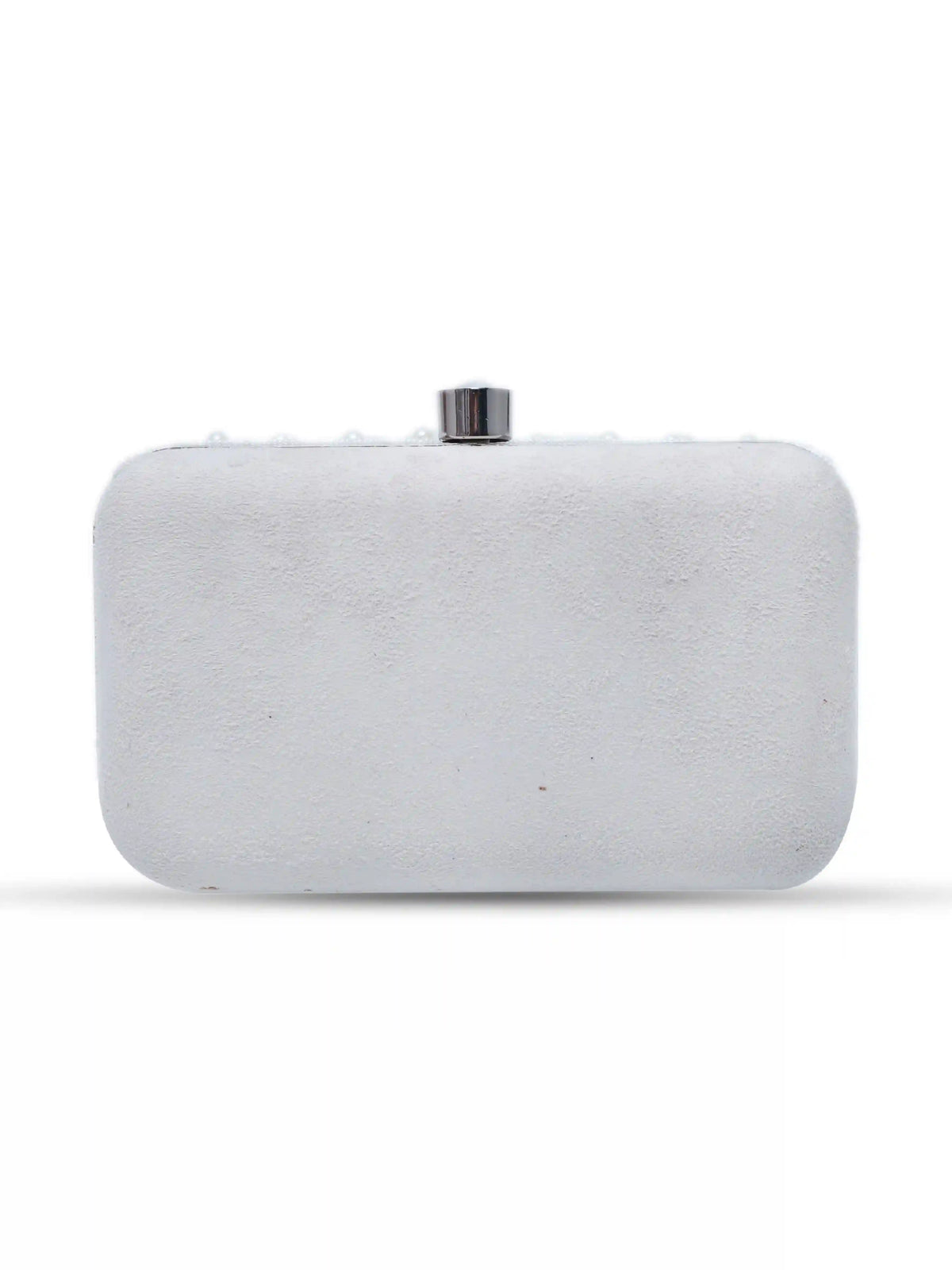 Pearly white hand-embroidered clutch bag by The Tan Clan with intricate floral embroidery and a sleek, elegant design.