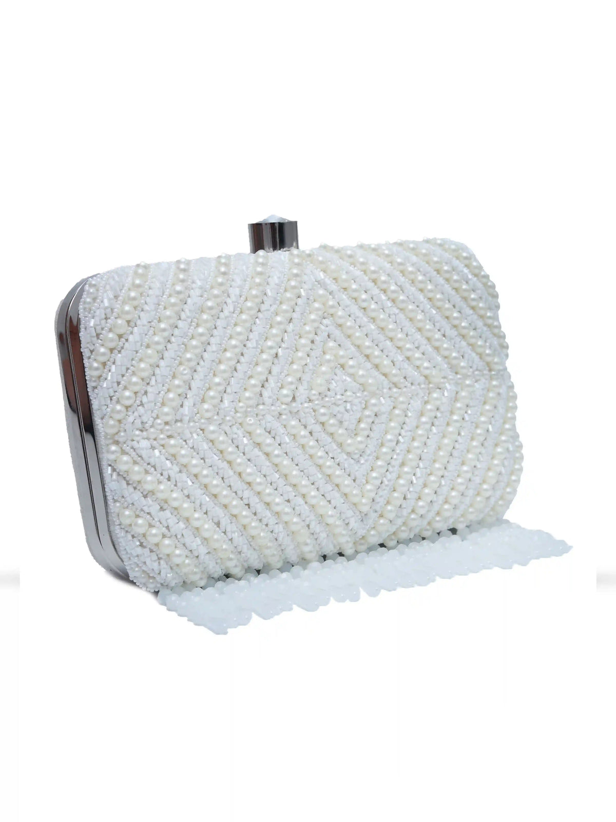 Pearly white hand-embroidered clutch bag with intricate detailing, designed by The Tan Clan for elegant occasions.