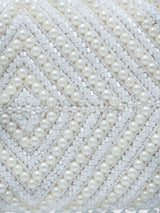 Pearly White hand-embroidered clutch bag by The Tan Clan with intricate floral embroidery and elegant design.