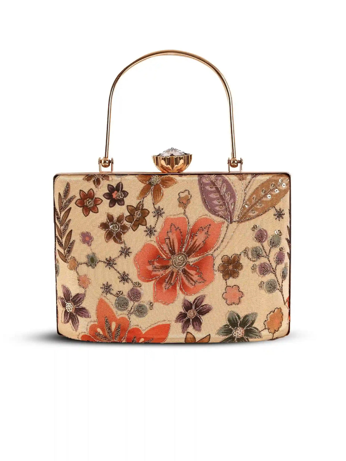 Petal beige casket clutch by The Tan Clan featuring a floral design, compact shape, and elegant jewelry clasp for formal occasions.
