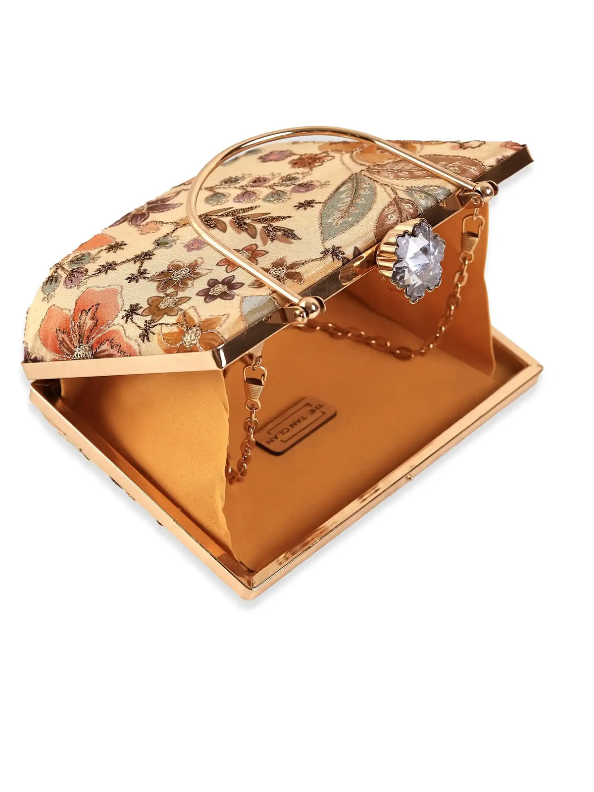 Petal beige casket clutch by The Tan Clan featuring a floral design, elegant rectangular shape, and gold-tone hardware.