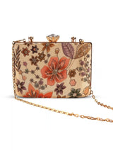 Petal beige casket clutch purse by The Tan Clan featuring a textured design and elegant shape, ideal for evening events.