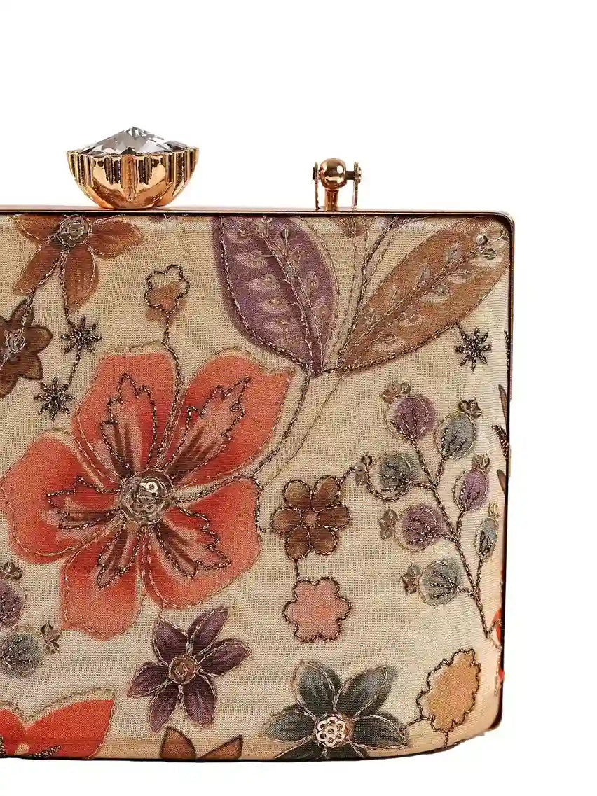 Petal beige casket clutch bag by The Tan Clan featuring a floral design and elegant compact style for special occasions.