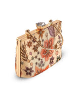 Petal beige casket clutch by The Tan Clan shown with elegant floral design and compact size for evening events.