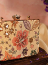 Petal beige casket clutch bag by The Tan Clan featuring a sleek, elegant design with floral petal details for formal occasions.