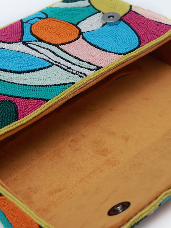 Multicolor Poppy Baguette Bag with Handle by The Tan Clan, featuring vibrant woven design and sturdy shoulder strap.