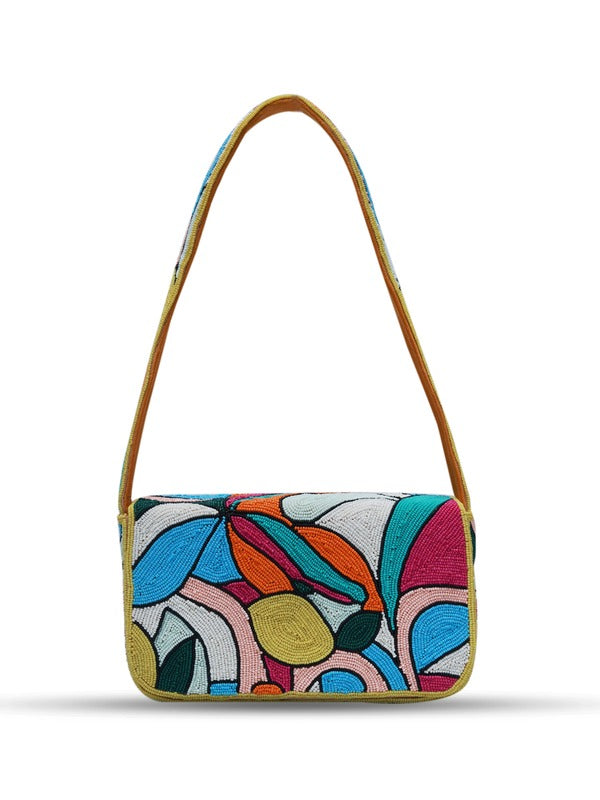 Multicolor Poppy Baguette Bag with Handle by The Tan Clan, featuring vibrant design and compact, stylish shape.