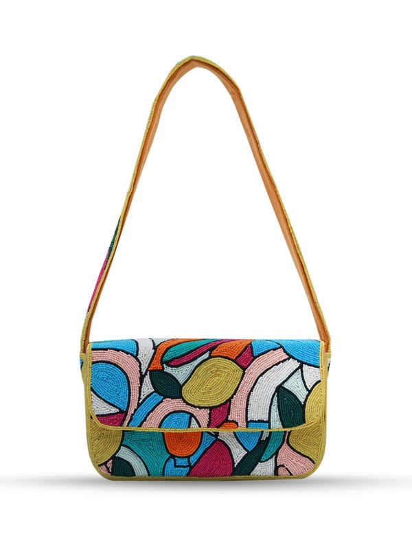 Multicolor Poppy baguette bag with handle by The Tan Clan, featuring a vibrant, compact design and stylish shoulder strap.
