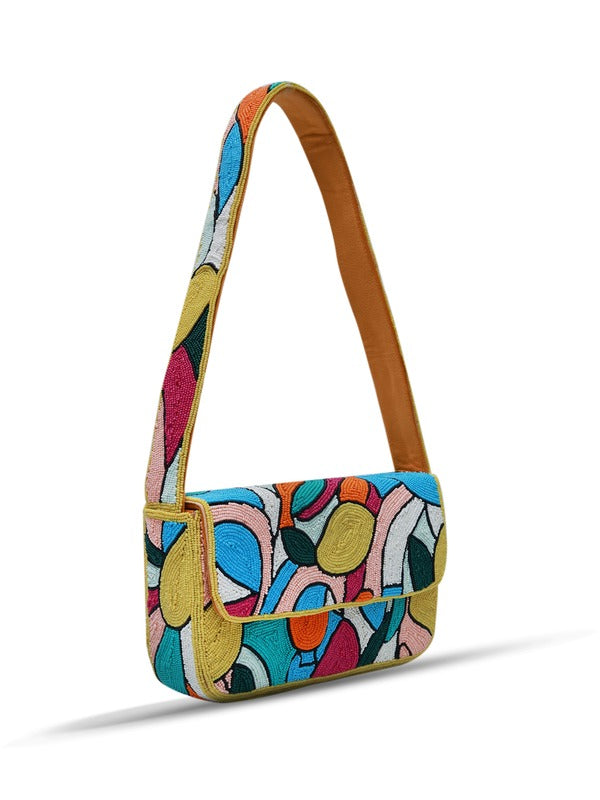 Multicolor Poppy Baguette Bag with Handle by The Tan Clan, featuring vibrant patchwork design and stylish carry strap.