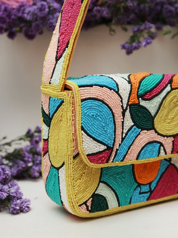 Multicolor Poppy Baguette Bag with Handle by The Tan Clan, showcasing vibrant woven design and sturdy handle.
