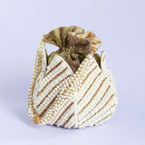 Hand embroidered Purva mini lotus potli bag in vibrant colors, featuring intricate embroidery and traditional design.