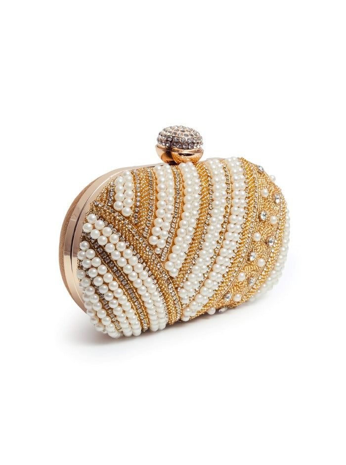 Golden hand-embroidered pearl clutch bag by The Tan Clan, featuring intricate embroidery and a elegant design.