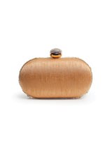 Golden hand-embroidered pearl clutch bag by The Tan Clan featuring intricate embroidery and elegant design.