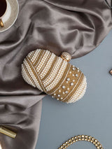 Elegant Rabia Golden Hand Embroidered Pearl Clutch with intricate embroidery and pearl accents, designed by The Tan Clan.